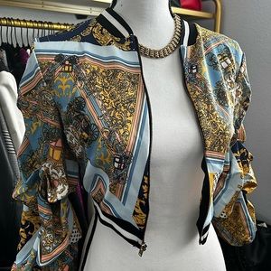 Cropped Satin Patterned Bomber Jacket